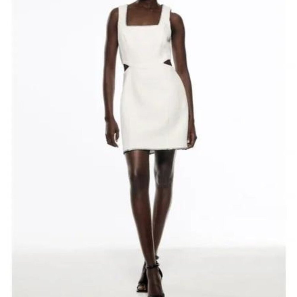 Zara White Tweed Mini Dress with black stitch and cutout on the sides (Large)